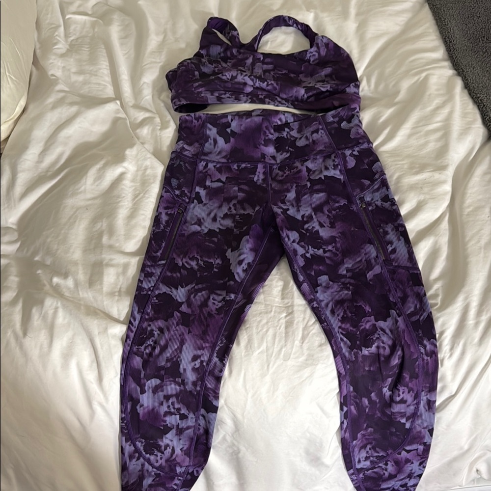 Athleta Purple RAINIER HIGH RISE Legging AND Top -Marble Pattern